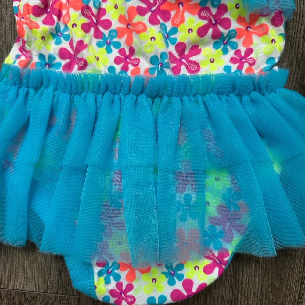 Garanimals Turquoise Floral One-Shoulder Tulle Swim Dress Bathing Suit - Picture 5 of 7